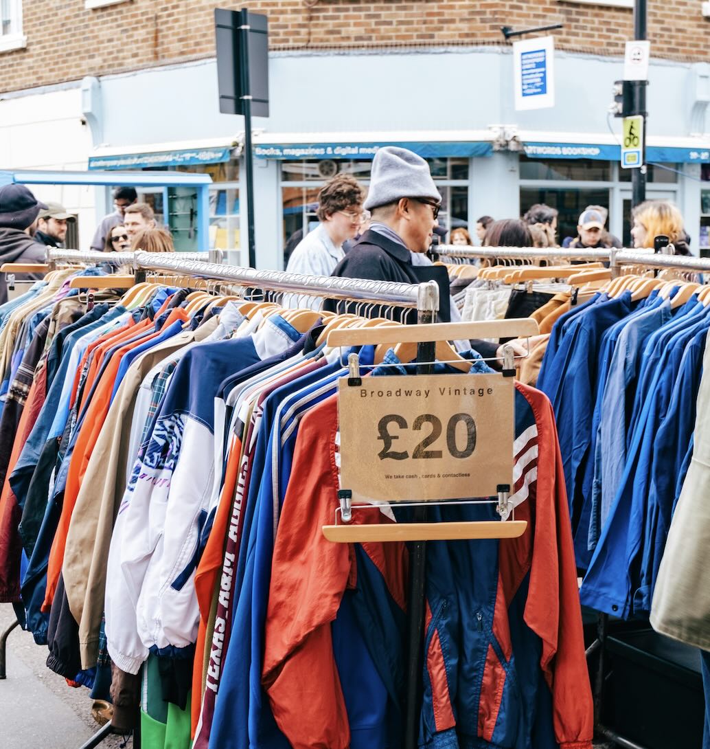 A picture of a vintage fashion stall at London's famous Broadway market.