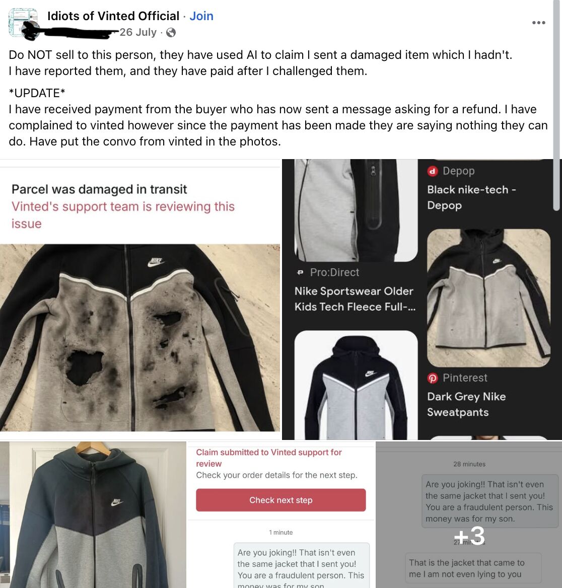 Screenshot collage from a Facebook post in the ‘Idiots of Vinted Official’ group showing an AI-generated damage scam on Vinted. The seller explains a buyer used AI to fake burn holes on a Nike hoodie to claim a refund. The collage includes the fake damaged photo, the original undamaged hoodie, Vinted support messages, and angry chat messages confronting the scammer.
