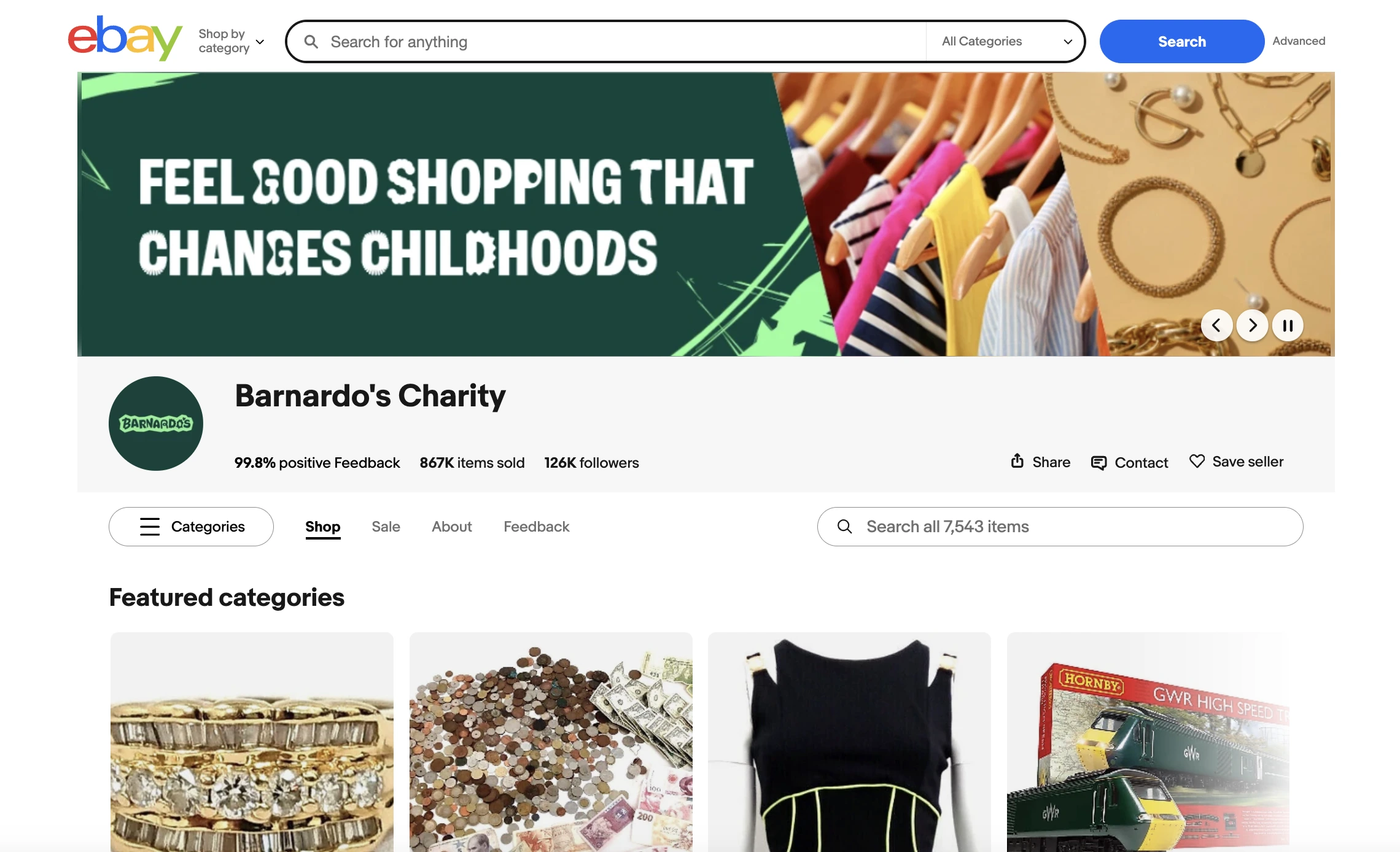 Screenshot of Barnardo’s Charity eBay shop showing categories of second-hand items for sale.