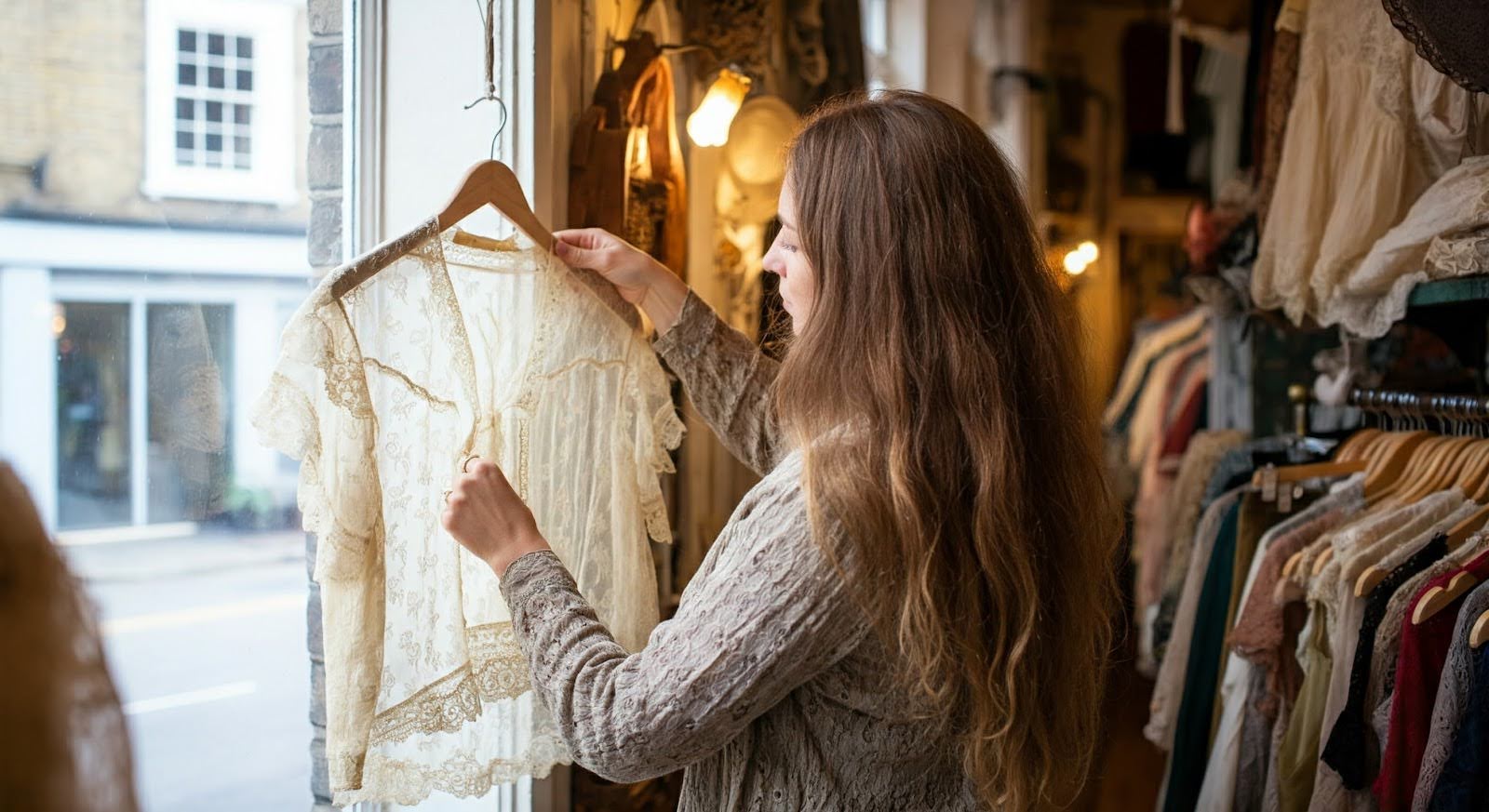 A girl in a vintage store window looking at a white top