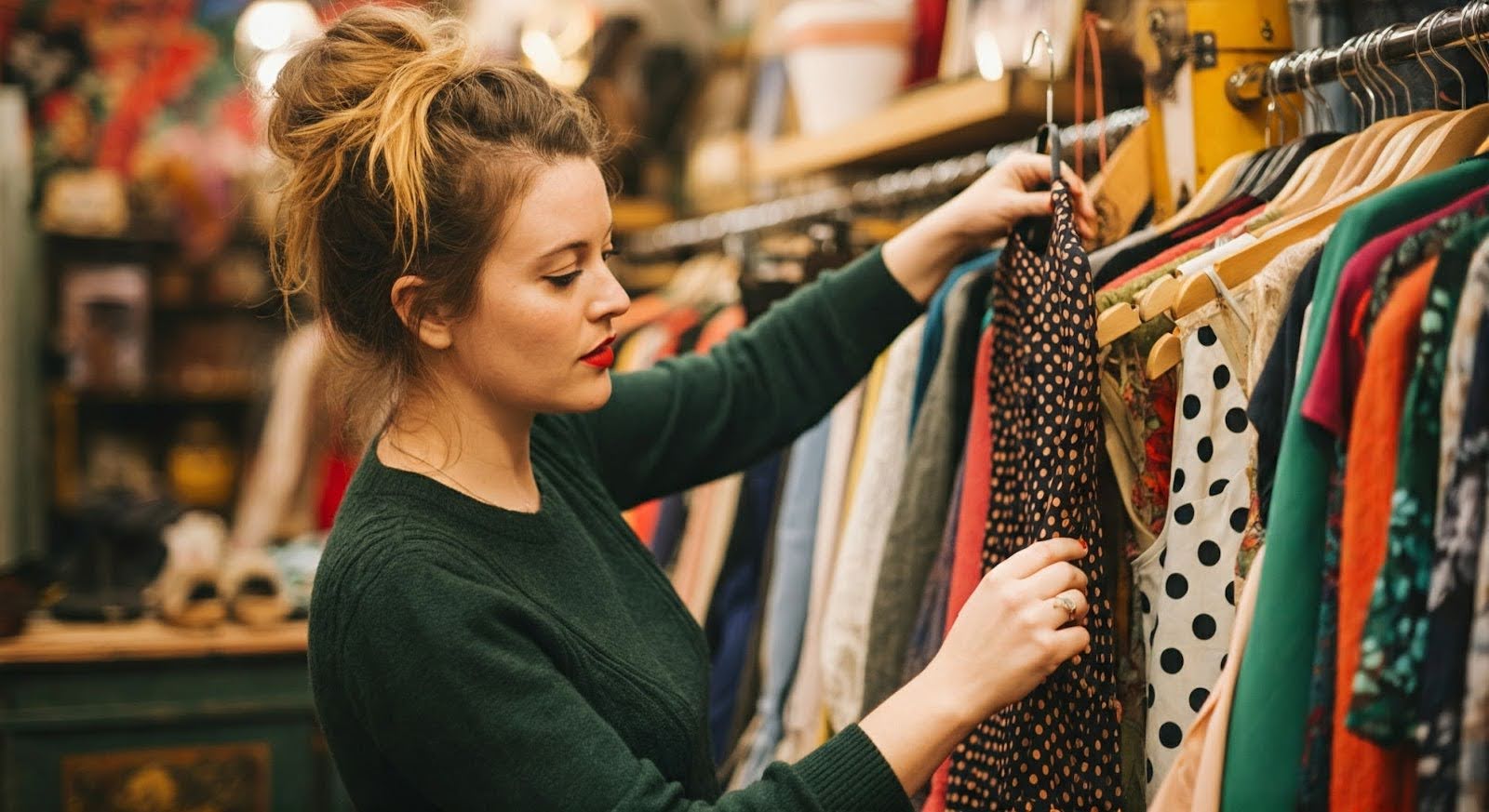 A woman looks at a vintage dress in a London vintage store