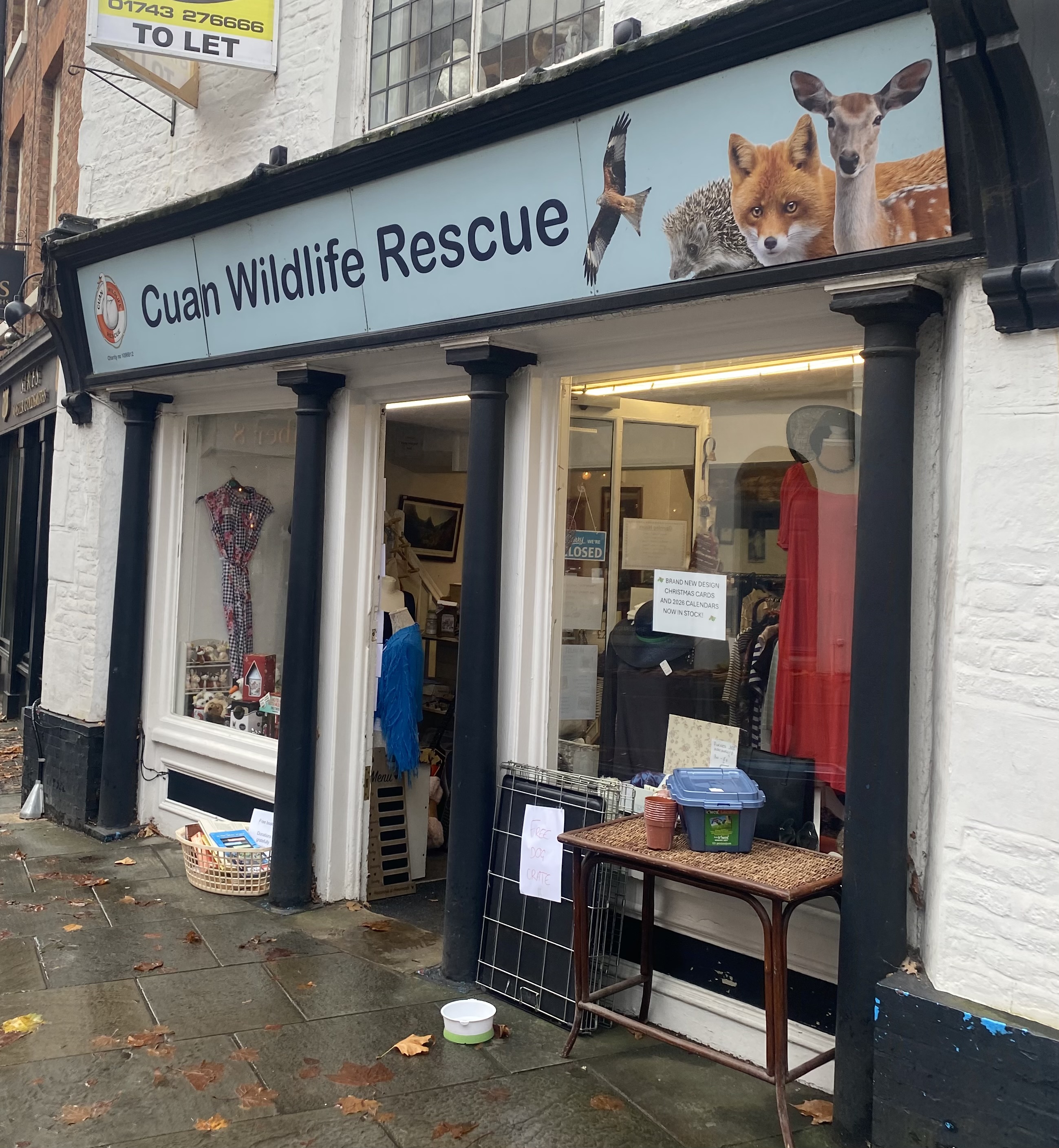 Store front of the Cuan Wildlife Rescue charity shop in Shrewsbury.