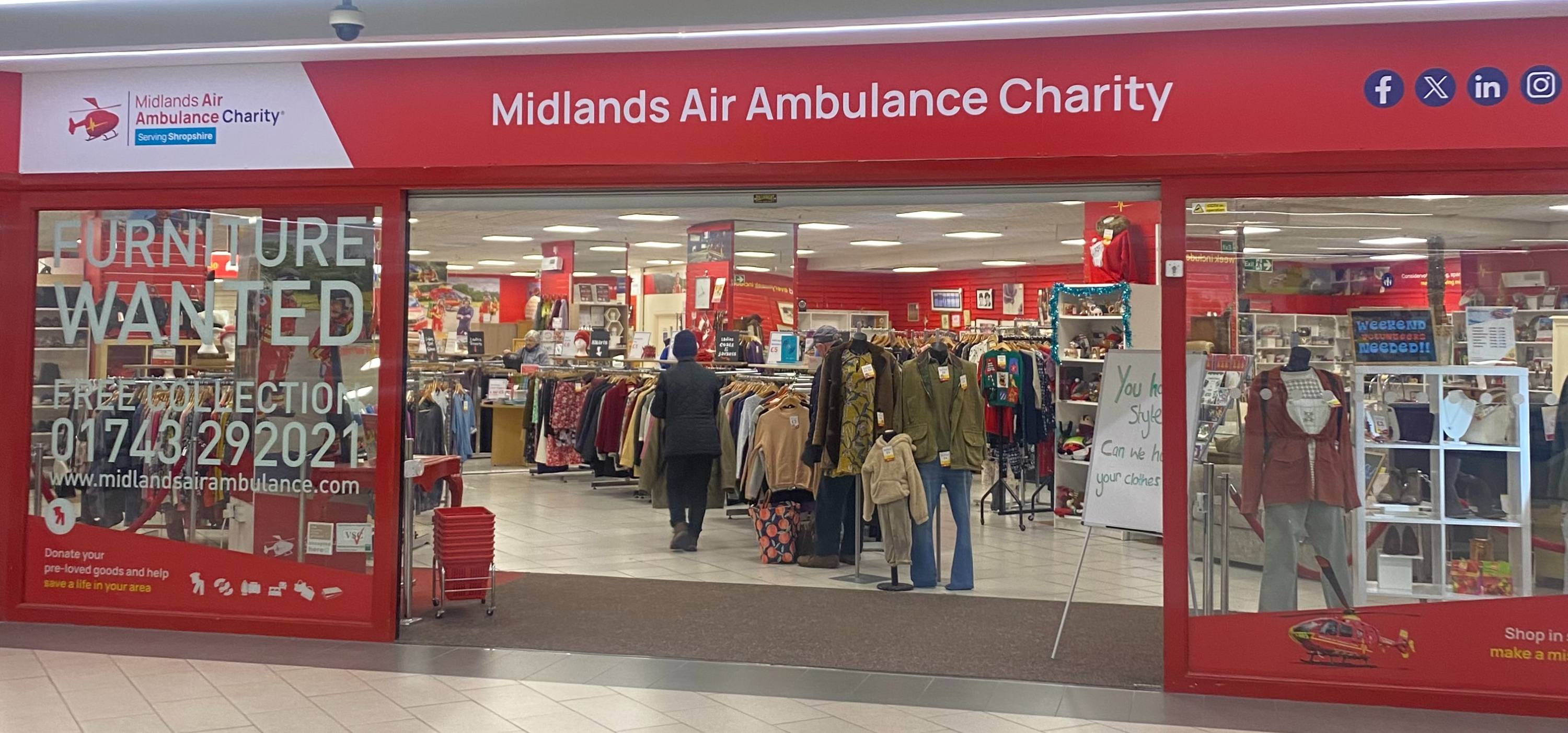 Midlands Air Ambulance Charity shop storefront in the Darwin Centre in Shrewsbury UK.