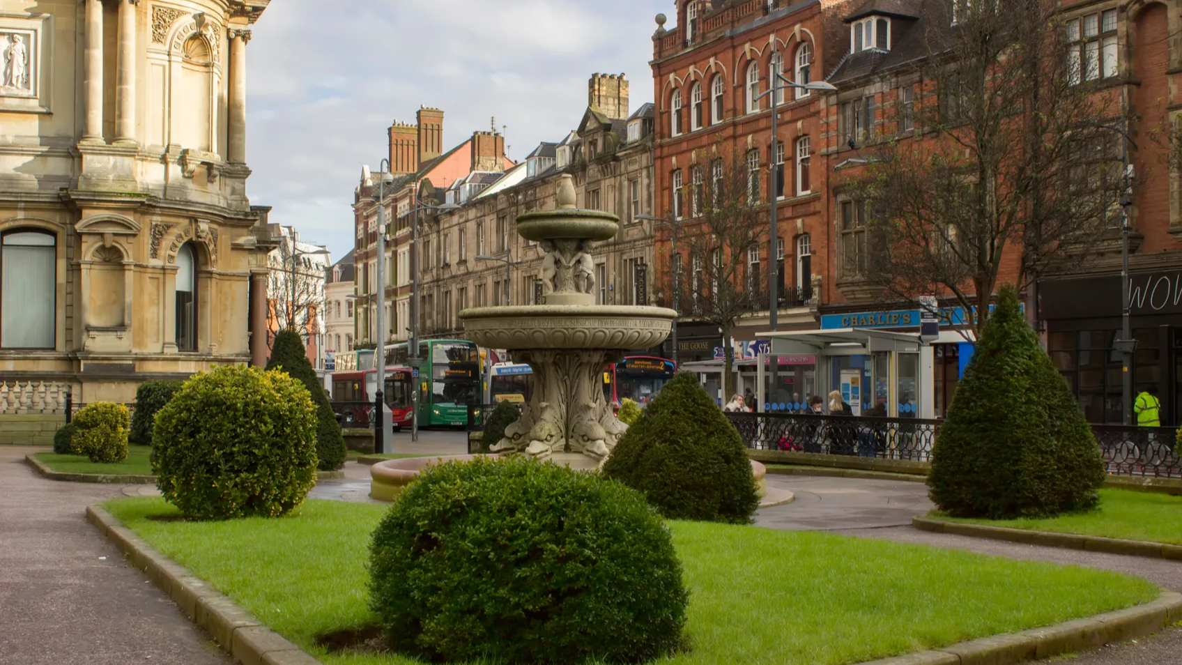 Ornate stone fountain in Wolverhampton's city centre garden