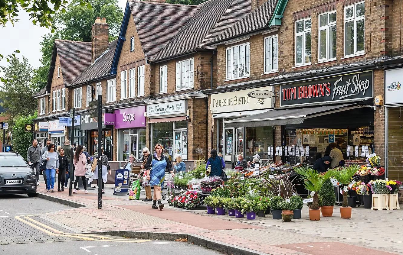 Charity shops along Stratford Road in Shirley, near Birmingham