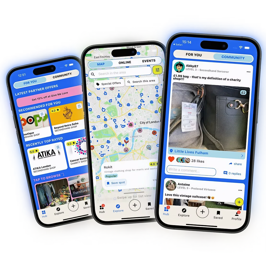 Screenshots of the Ganddee app showing a map of charity shops around London, second-hand shops and thrifting pop-ups, and a user's thrifting haul featuring a leather bag bought in a Fulham charity shop