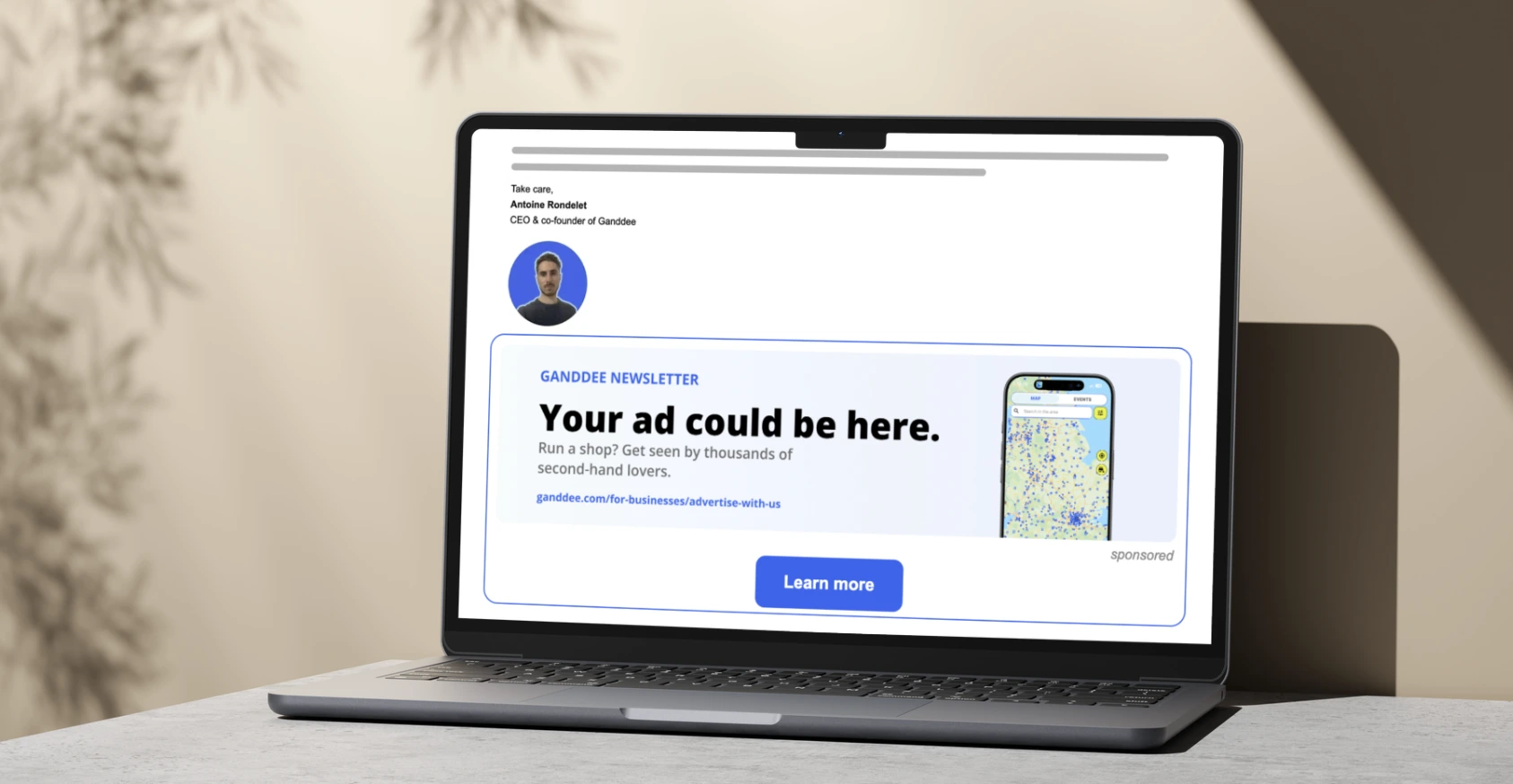 A Ganddee welcome email with an advertiser banner in the footer